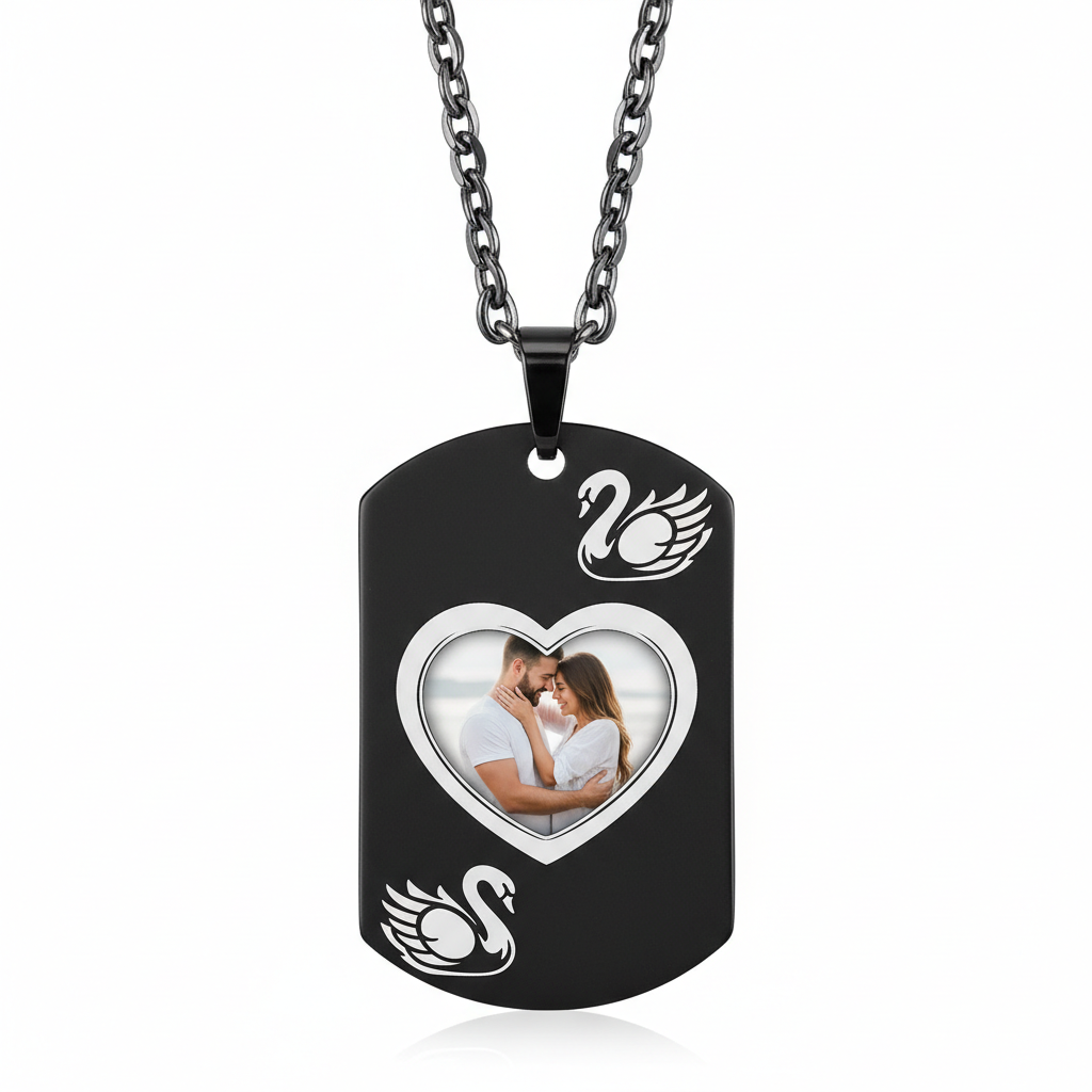 NFC Custom Photo Dog Tag Necklace | Swan Engraving | Personalized Memorial Jewelry | 14K Rose Gold & Black
