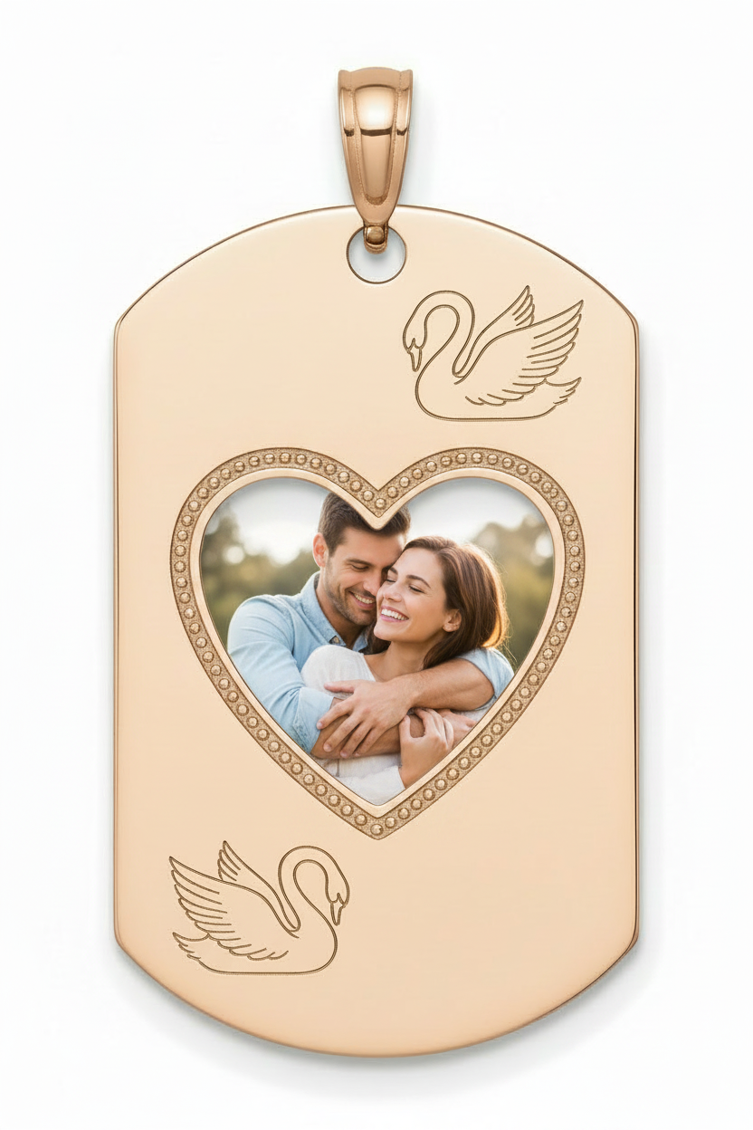 NFC Custom Photo Dog Tag Necklace | Swan Engraving | Personalized Memorial Jewelry | 14K Rose Gold & Black