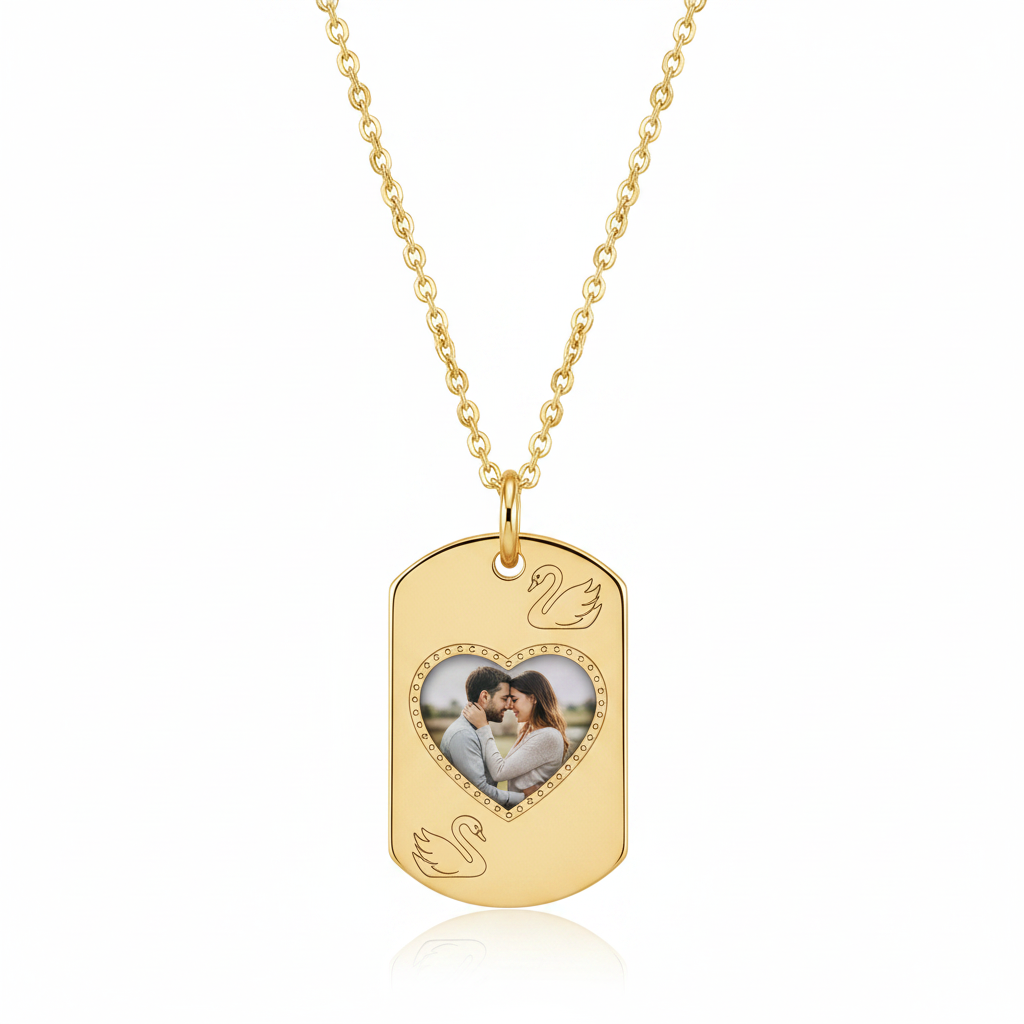 NFC Custom Photo Dog Tag Necklace | Swan Engraving | Personalized Memorial Jewelry | 14K Rose Gold & Black