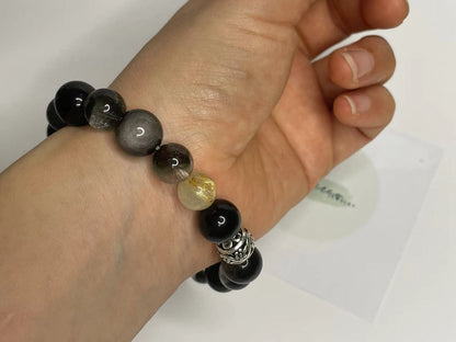 Mystic Shield Bracelet — Phantom Quartz, Silver Obsidian, and Black Obsidian