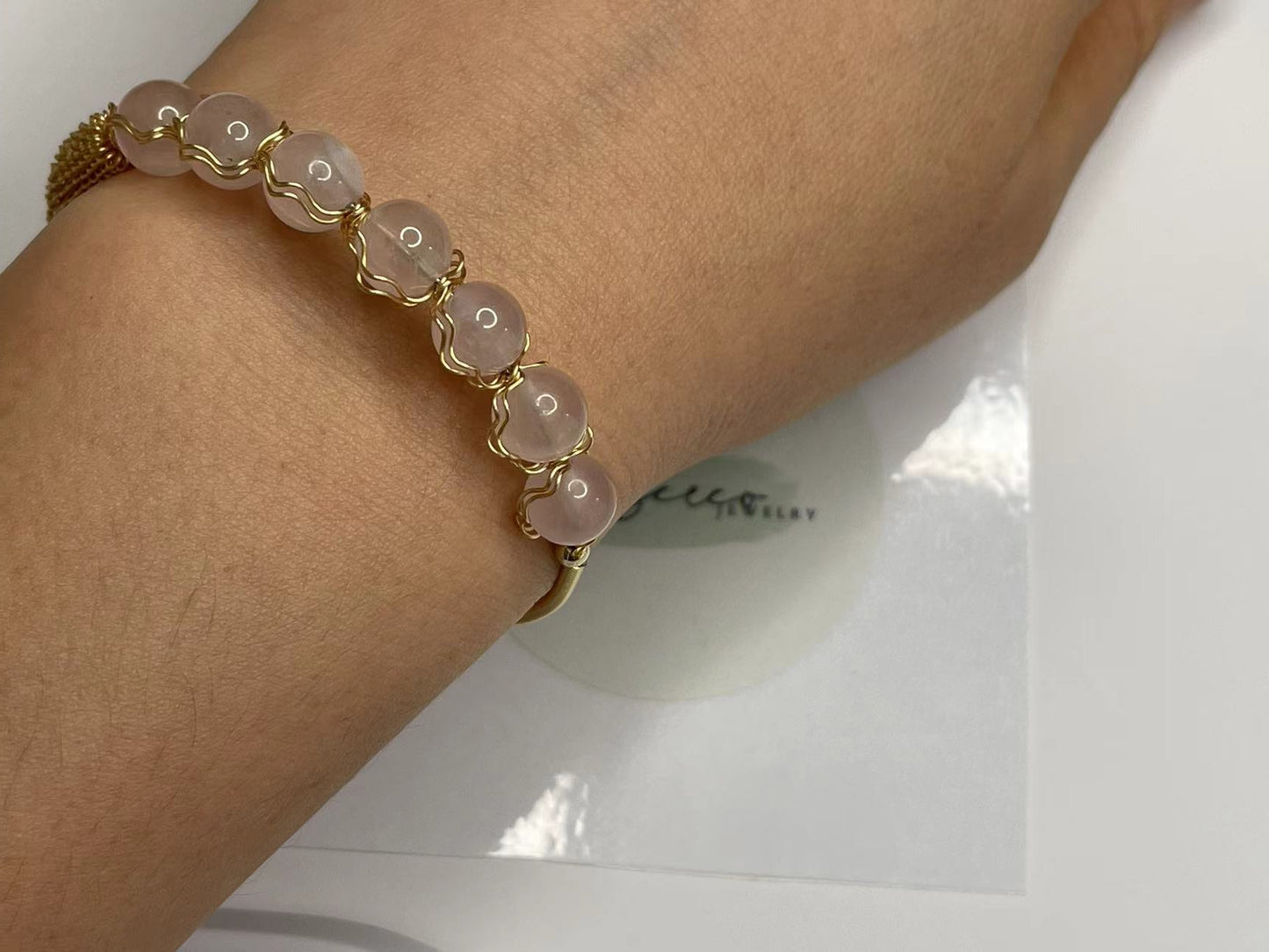 Silver Rose Quartz Crystal Beaded Bracelet Handmade Jewelry for Women