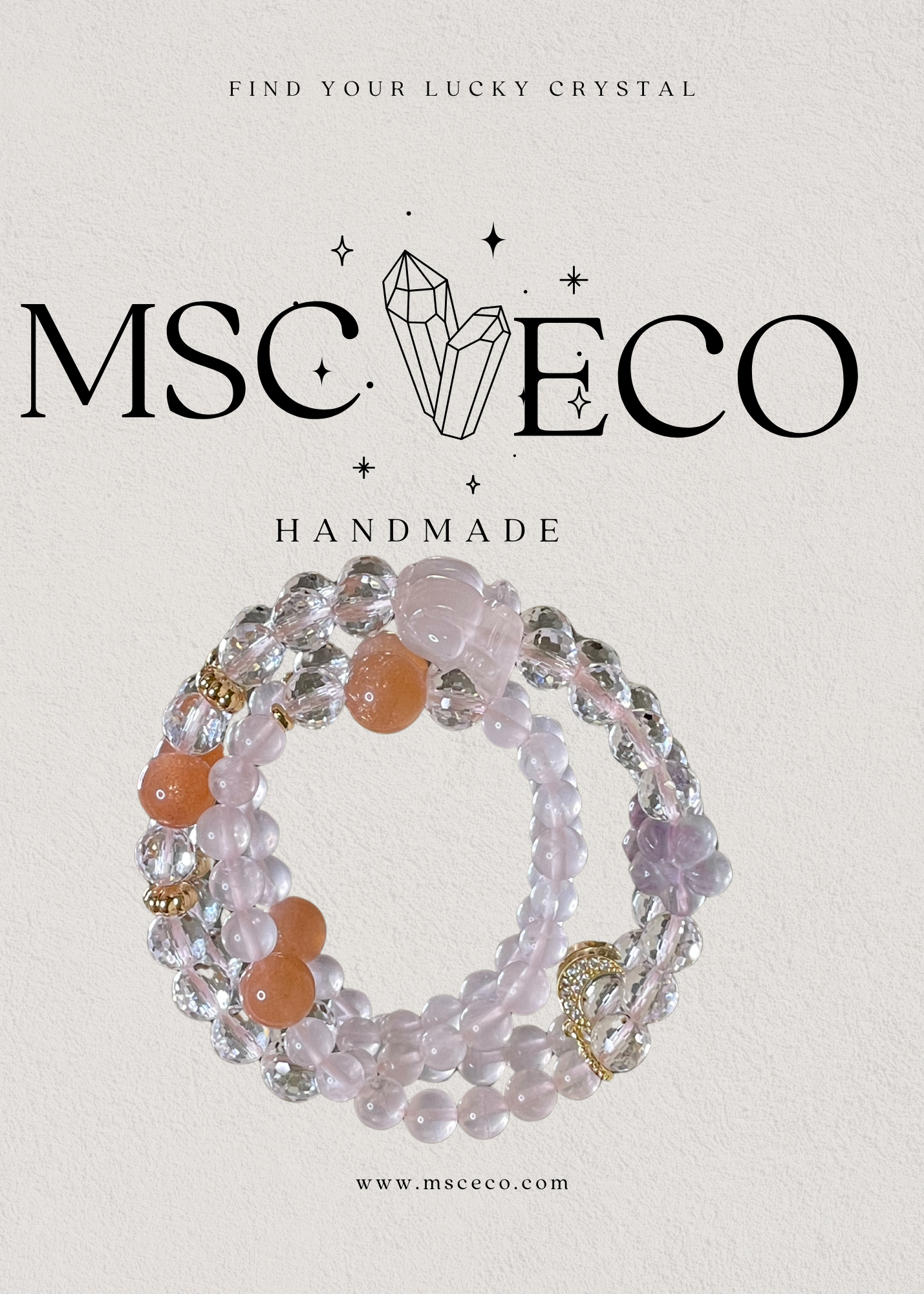 Celestial Delight Bracelet  Starry Pink Quartz, Faceted Clear Quartz, Orange Moonstone, and Fluorite Petal Carvings