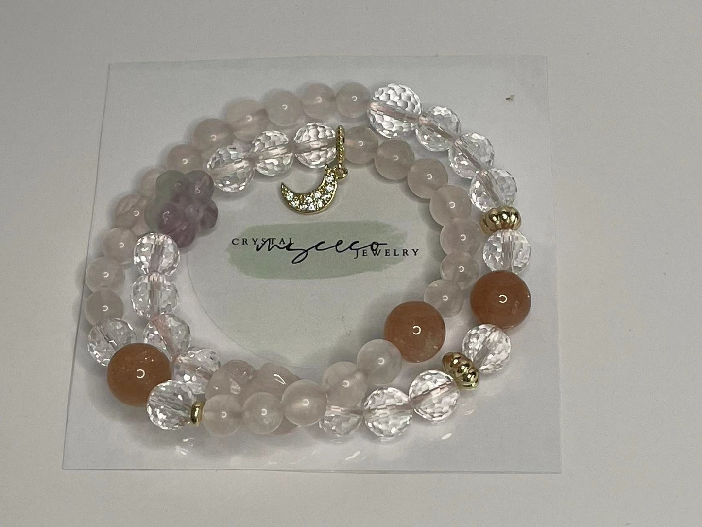 Celestial Delight Bracelet  Starry Pink Quartz, Faceted Clear Quartz, Orange Moonstone, and Fluorite Petal Carvings