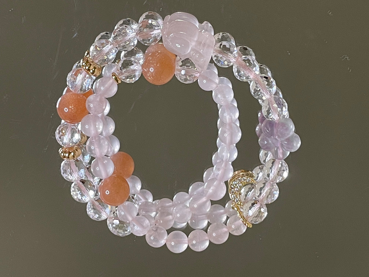 Celestial Delight Bracelet  Starry Pink Quartz, Faceted Clear Quartz, Orange Moonstone, and Fluorite Petal Carvings