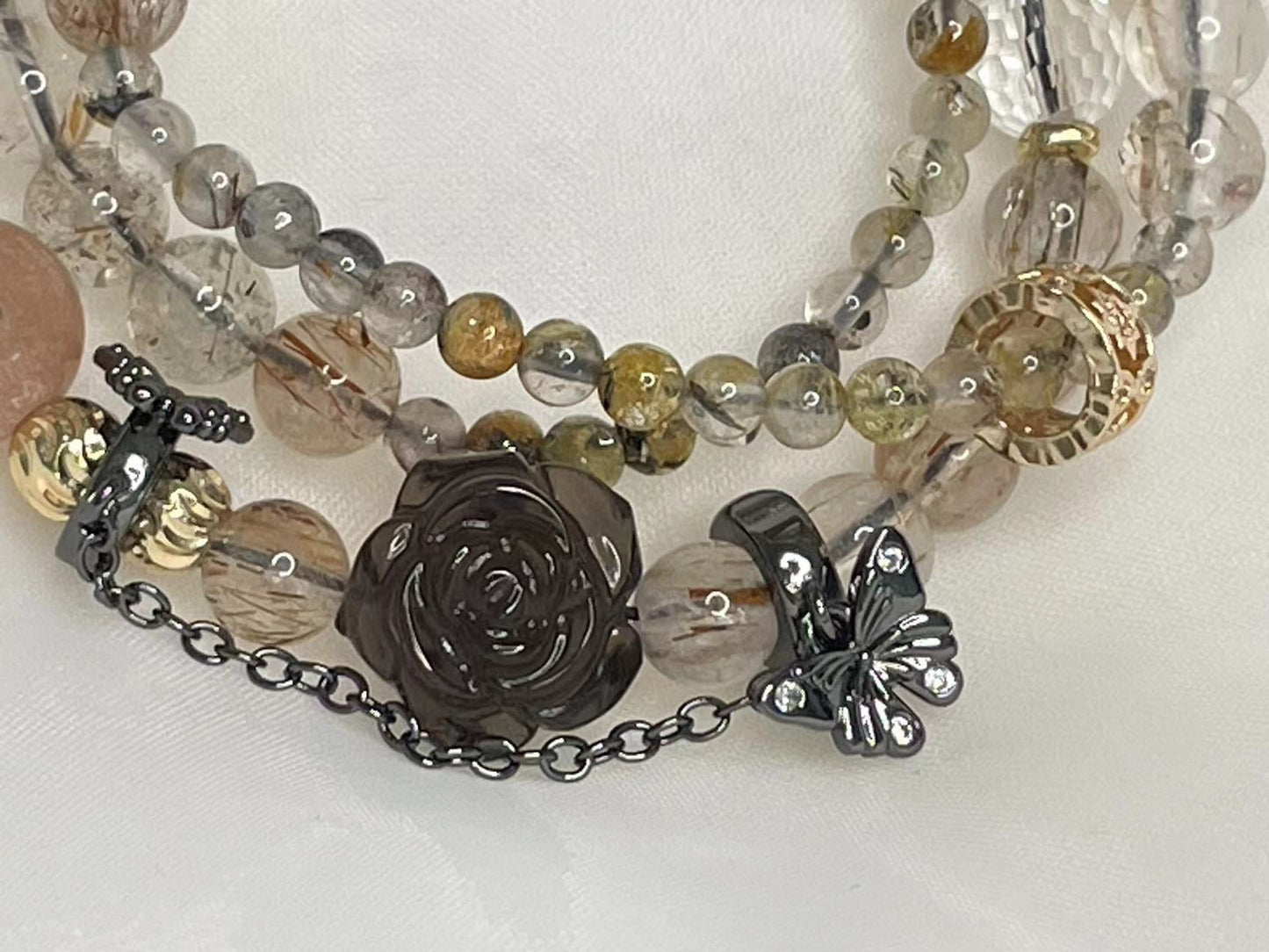 Triple-Wrap Crystal Bracelet with Lucky Flower Carving and Natural Pearl Accents