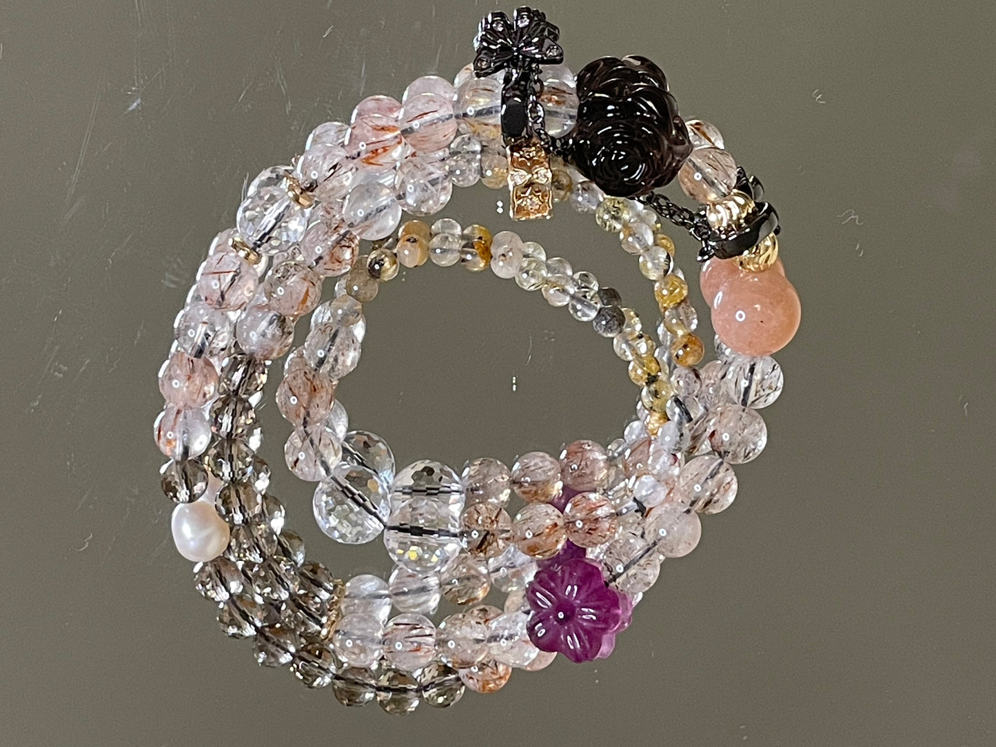 Triple-Wrap Crystal Bracelet with Lucky Flower Carving and Natural Pearl Accents