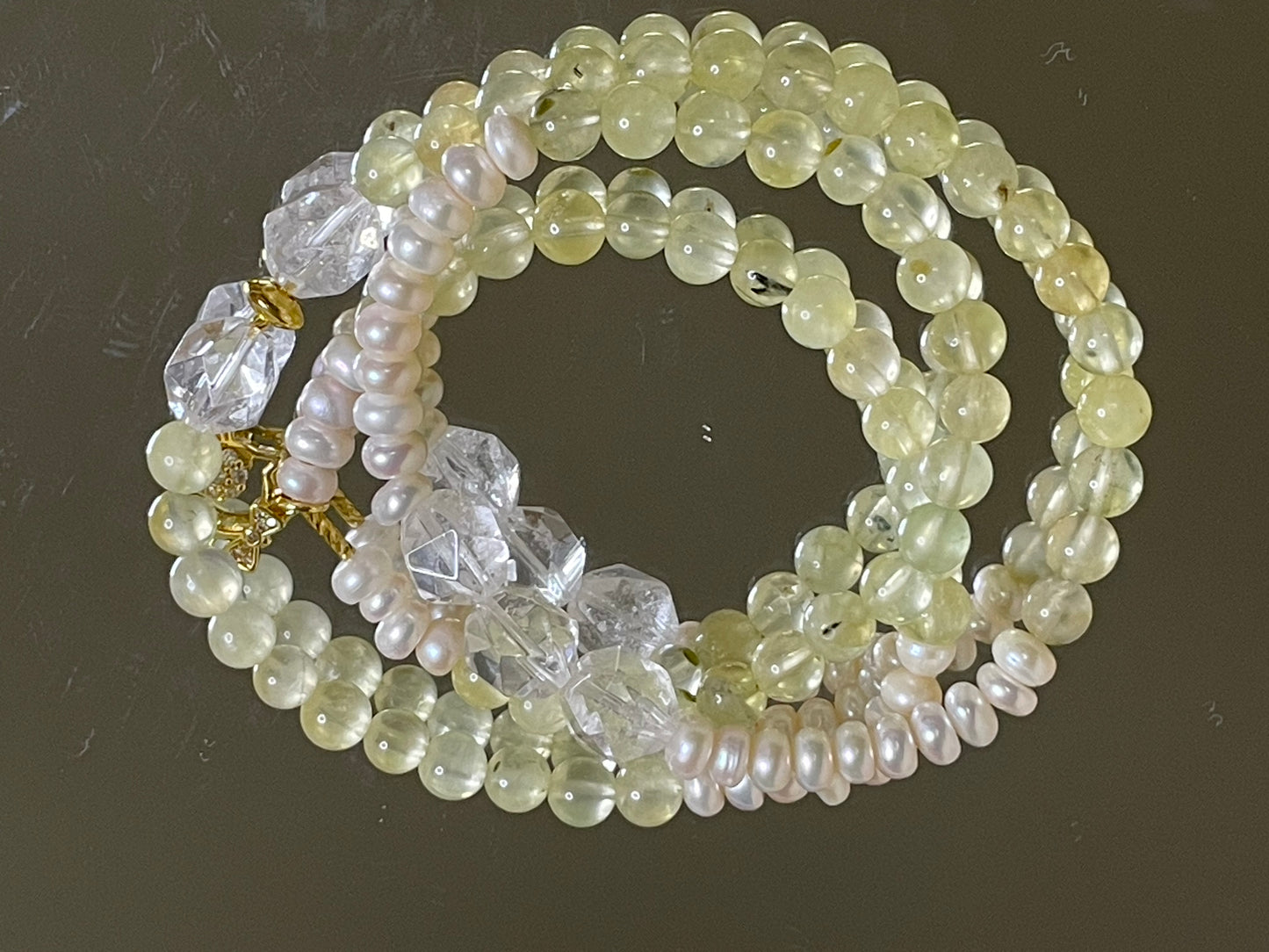 Ethereal Harmony Bracelet Grapestone, Faceted Clear Quartz, and Freshwater Pearls