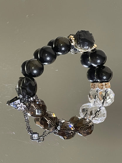 Charming Protector Bracelet Gold Obsidian, Smoky Quartz, and Hello Kitty Carvings