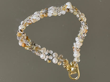 Golden Bloom Rutilated Quartz, Freshwater Pearl & High-Color Retention Bead Bracelet