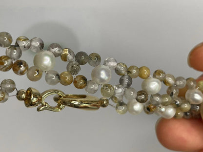 Golden Bloom Rutilated Quartz, Freshwater Pearl & High-Color Retention Bead Bracelet