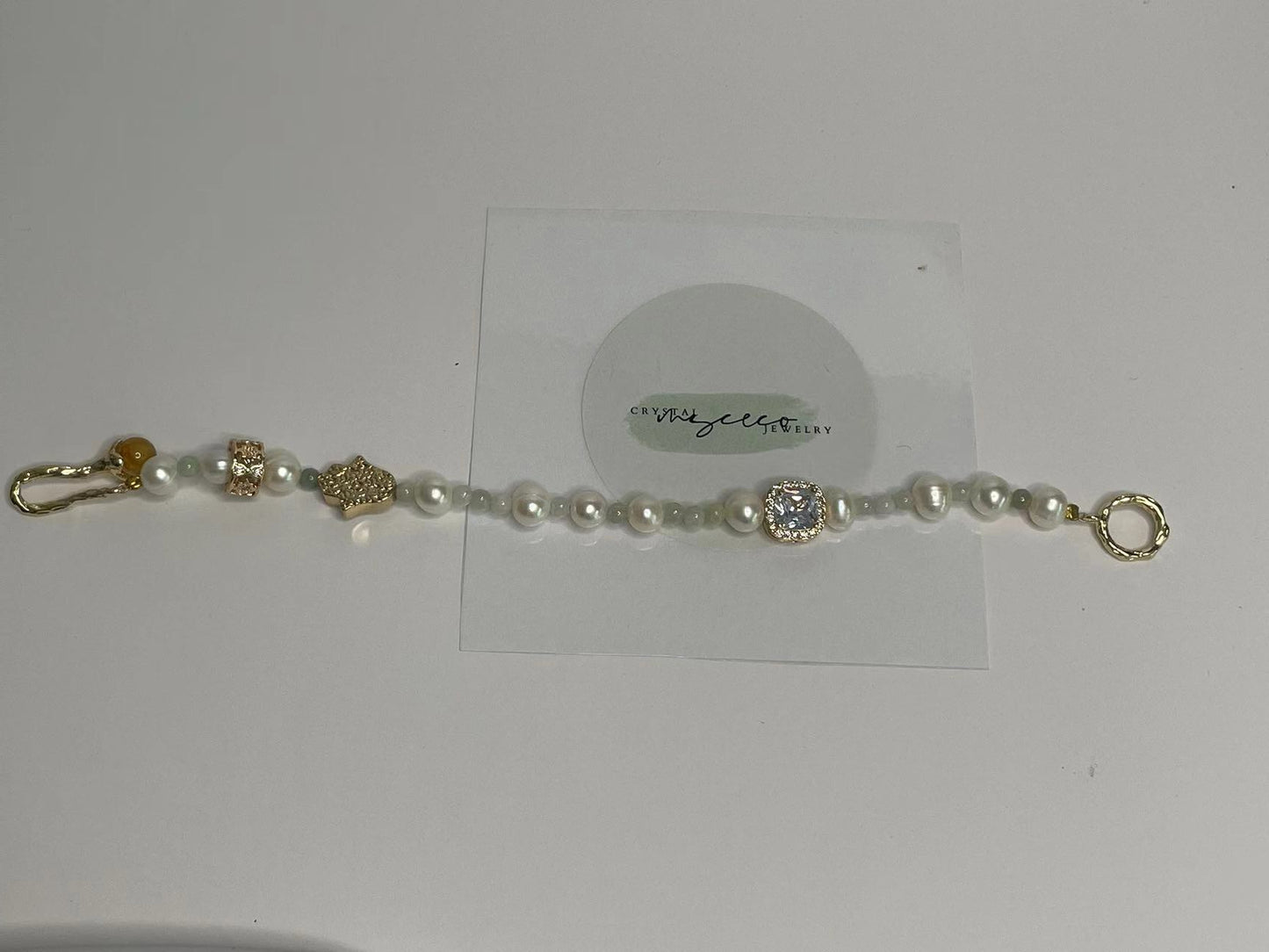 Radiant Elegance Freshwater Pearl & Jade Bracelet with Chalcopyrite Charm