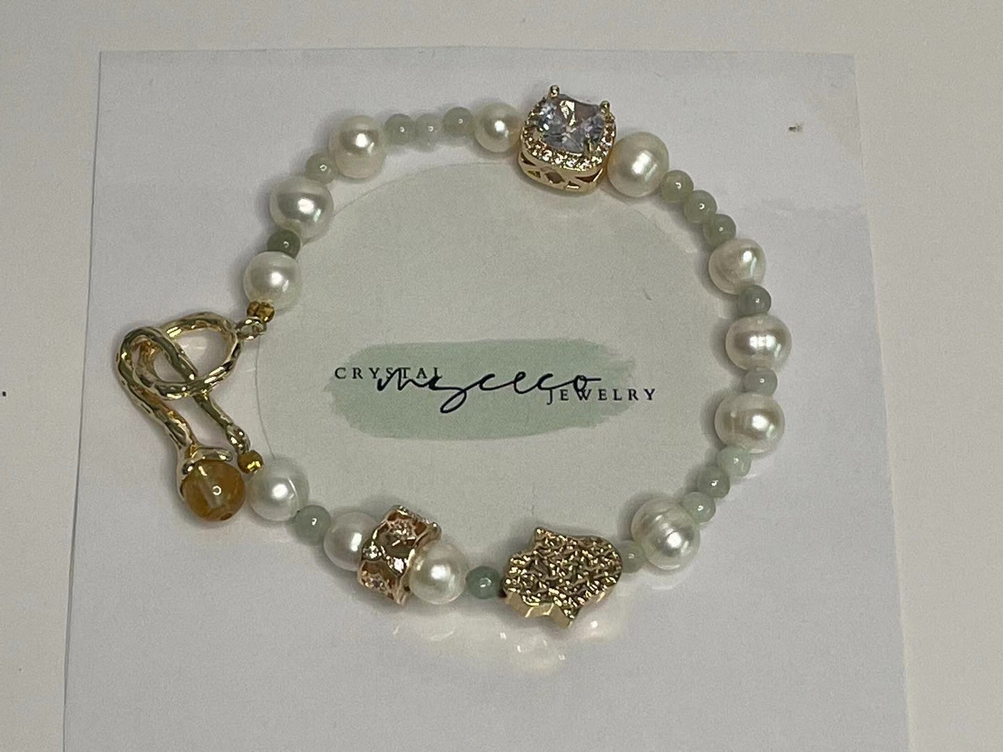 Radiant Elegance Freshwater Pearl & Jade Bracelet with Chalcopyrite Charm