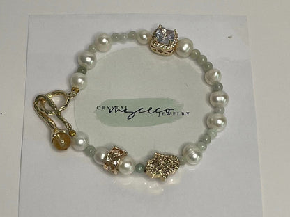 Radiant Elegance Freshwater Pearl & Jade Bracelet with Chalcopyrite Charm