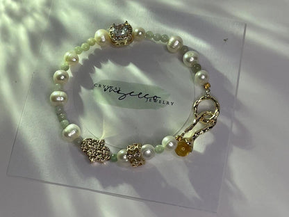 Radiant Elegance Freshwater Pearl & Jade Bracelet with Chalcopyrite Charm