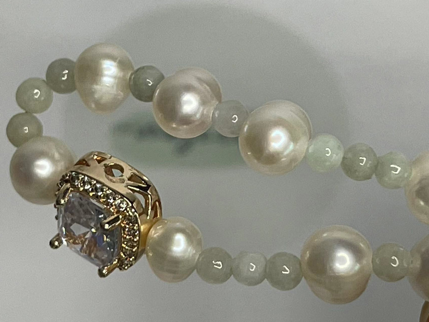 Radiant Elegance Freshwater Pearl & Jade Bracelet with Chalcopyrite Charm