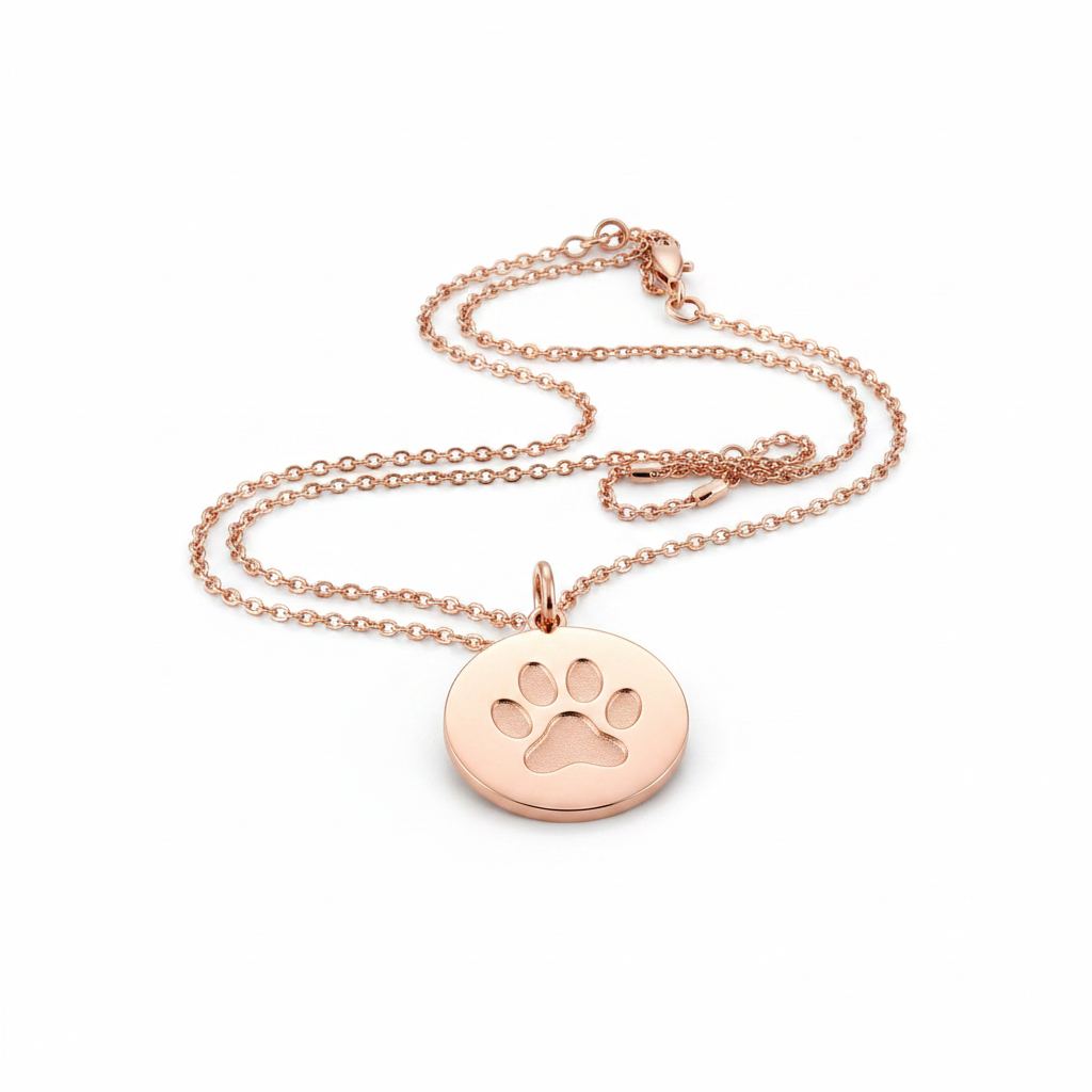14k rose gold paw print necklace white background