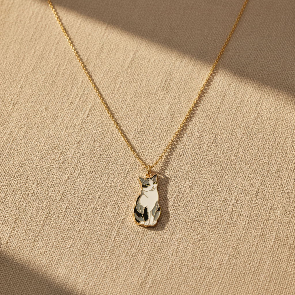 Custom NFC cat charm necklace on beige linen - 14k gold chain with enamel tabby cat pendant gift for cat lovers