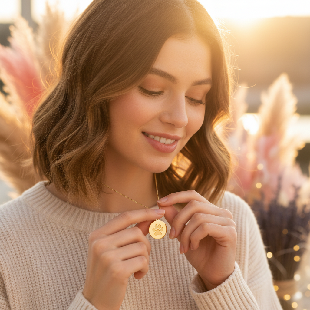 INS style lifestyle photo woman wearing gold paw print necklace