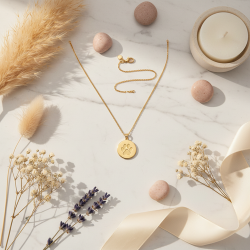 Pet paw print necklace INS style flat lay on marble surface with dried flowers and props
