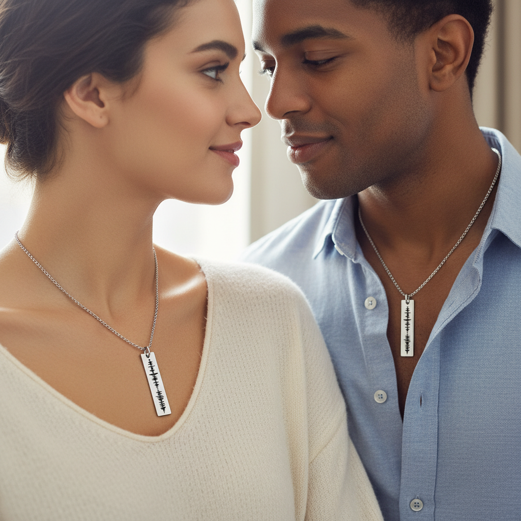Couple wearing matching custom soundwave bar pendant necklaces
