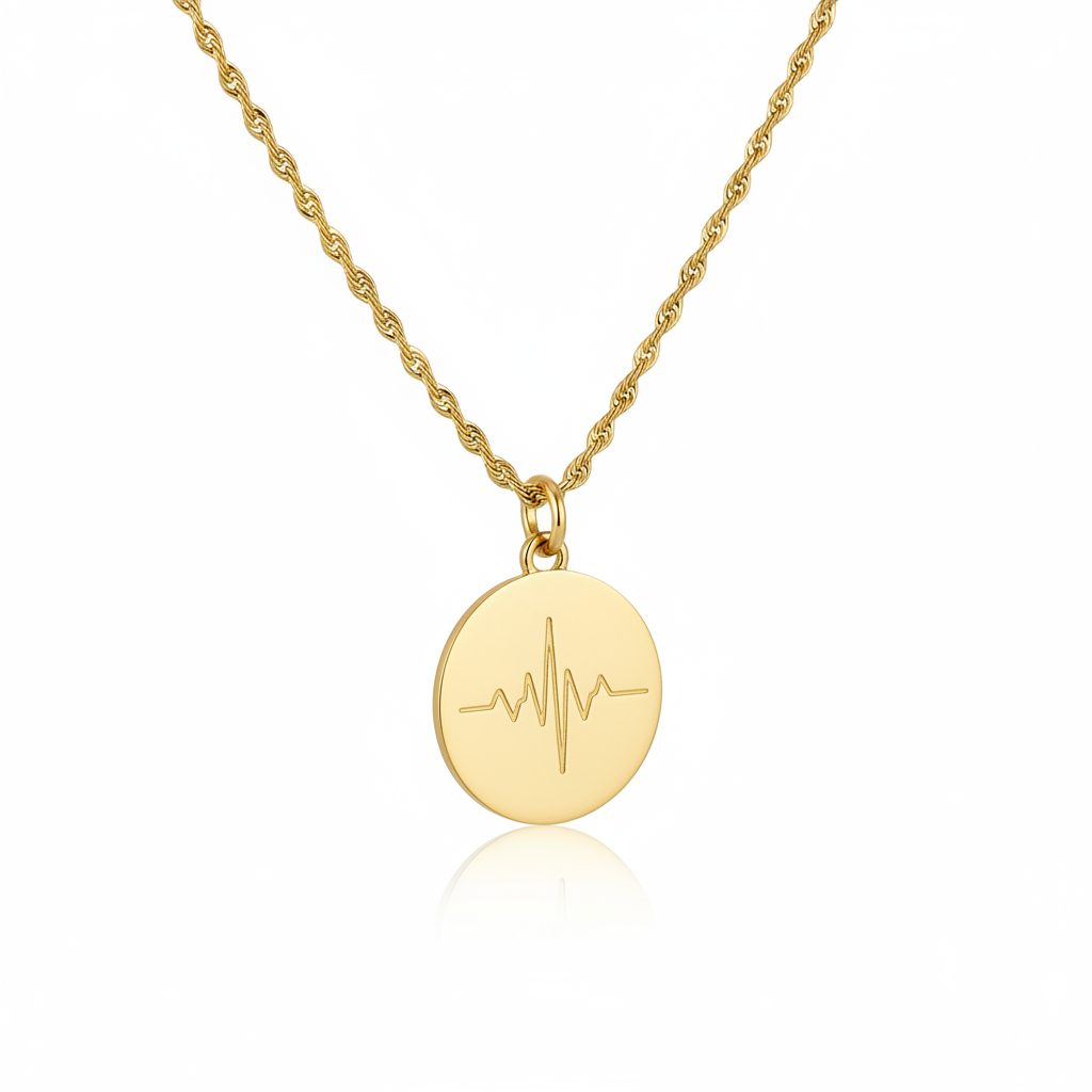 14k Gold soundwave coin necklace white background