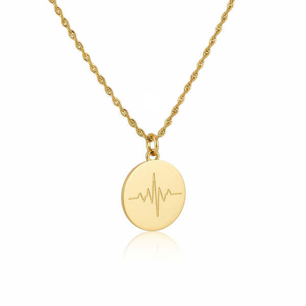 14k Gold soundwave coin necklace white background
