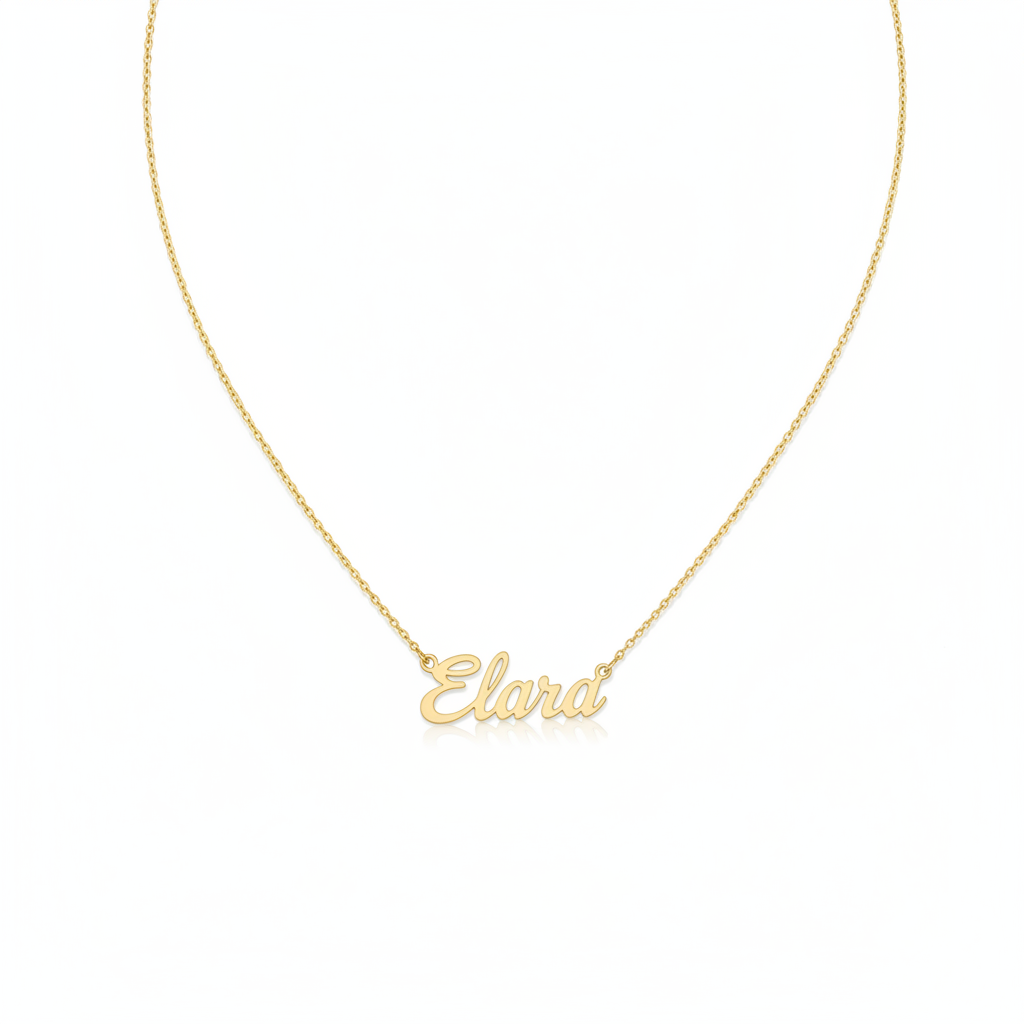 Custom gold script name chain necklace on white background