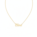 Custom gold script name chain necklace on white background