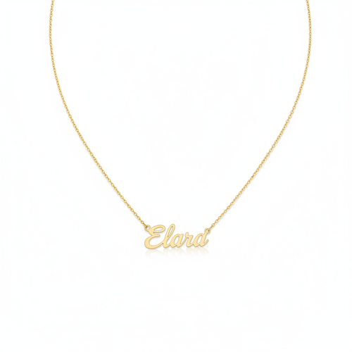 Custom gold script name chain necklace on white background