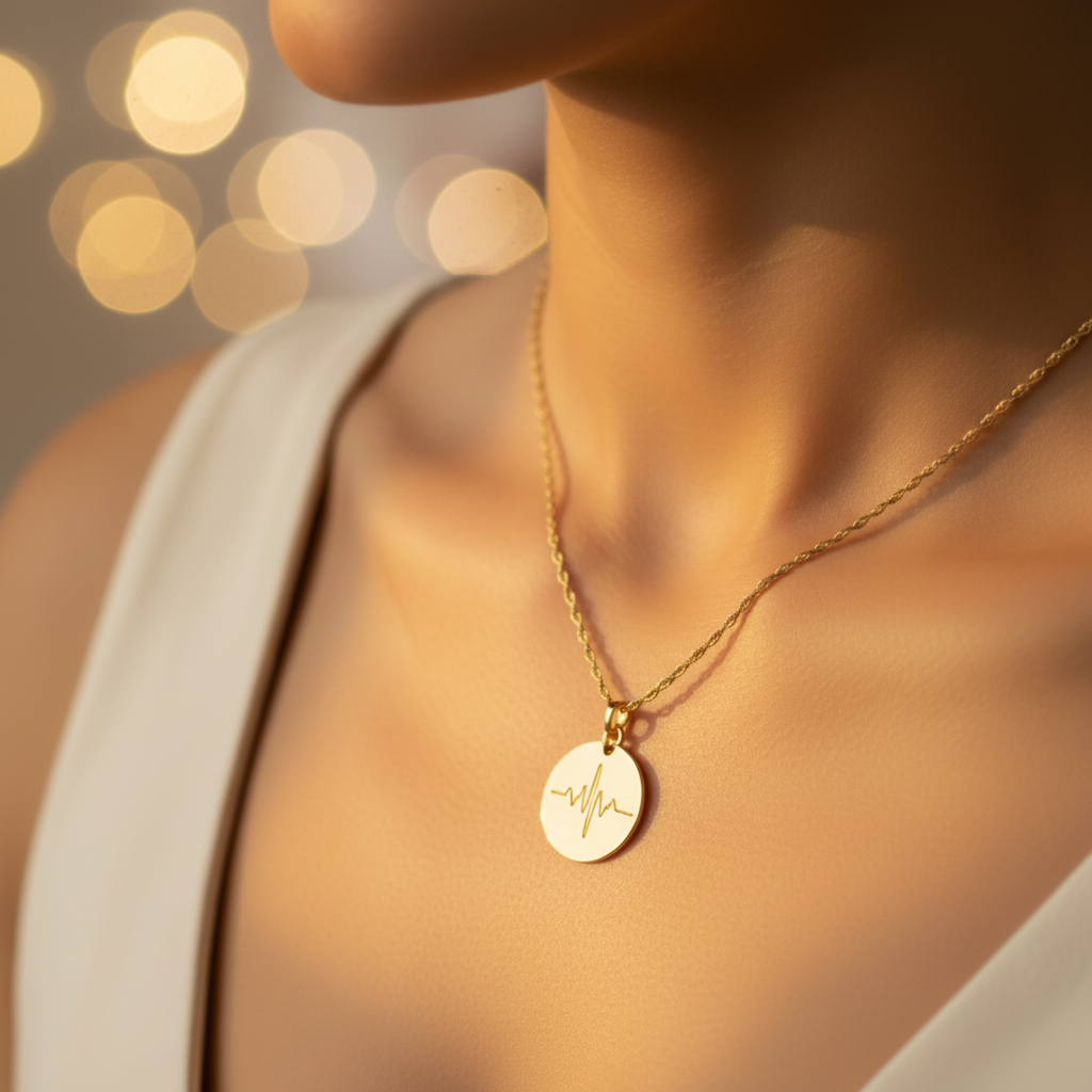 INS hero shot woman wearing gold soundwave coin necklace golden hour light