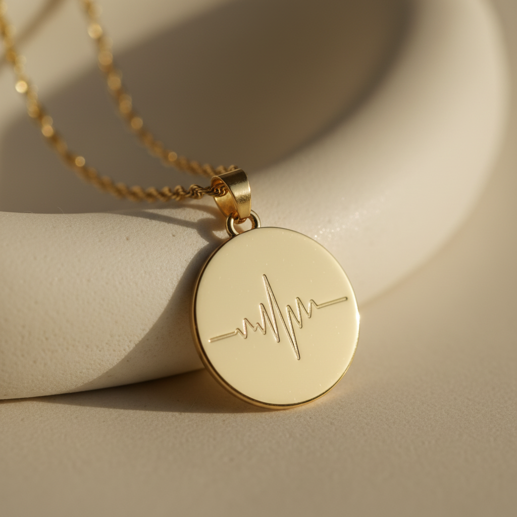 INS detail close-up of heartbeat soundwave coin necklace on cream ceramic background