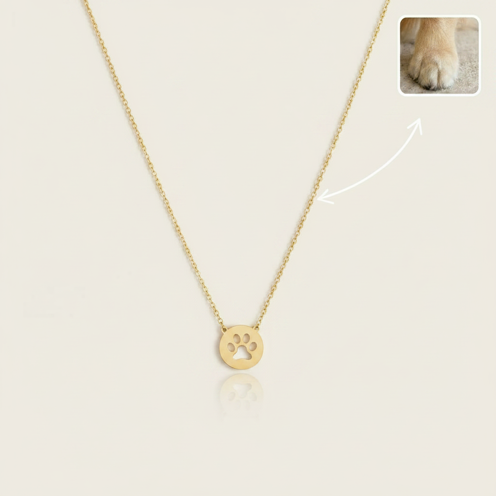 Custom pet paw print necklace with dog paw reference photo and arrow on clean white background