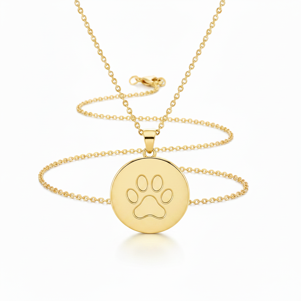 14k gold paw print necklace white background