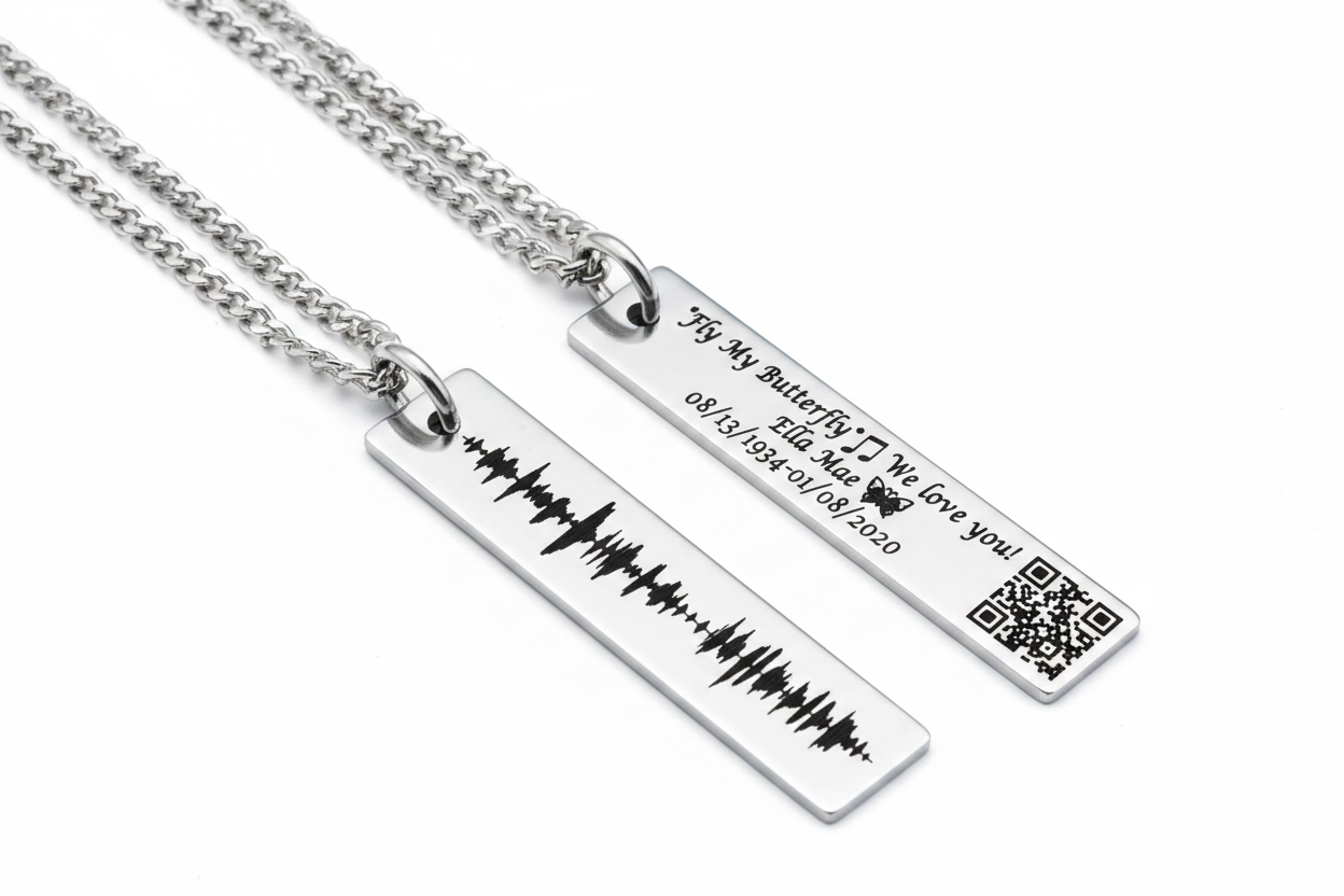 Custom Soundwave QR Code Bar Necklace - Front soundwave engraving and back text with QR code