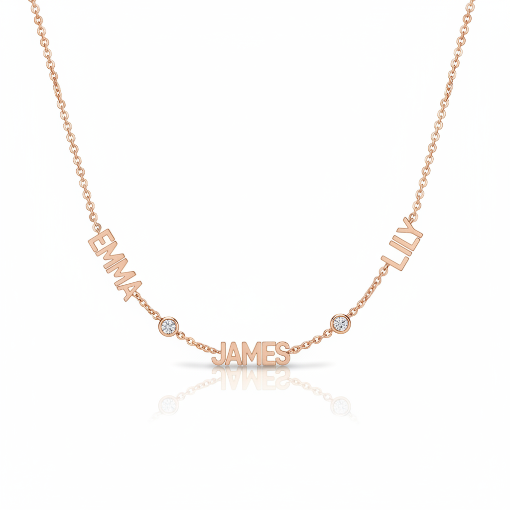 14K rose gold custom family name necklace with EMMA JAMES LILY pendants and diamond accents — white background product photo