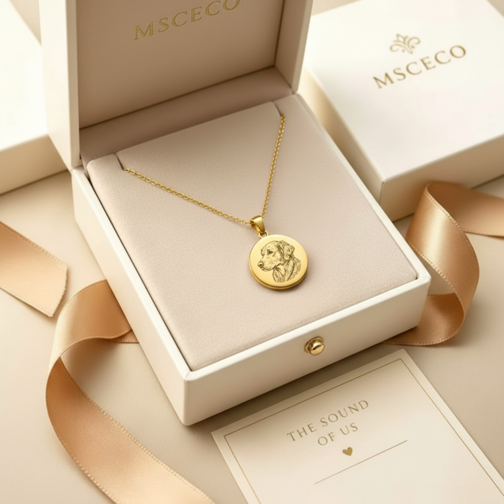 MSCECO pet portrait necklace in luxury gift box with gold ribbon and greeting card