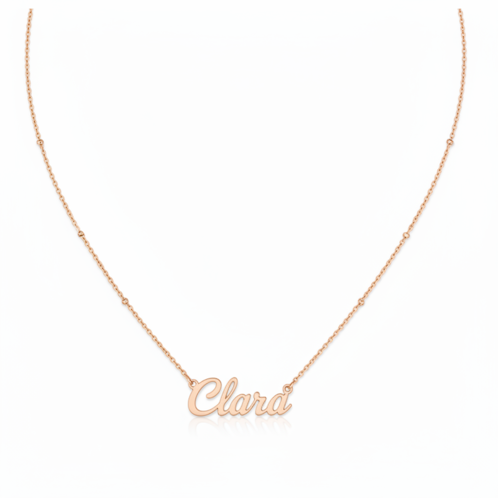 Custom rose gold script name chain necklace on white background