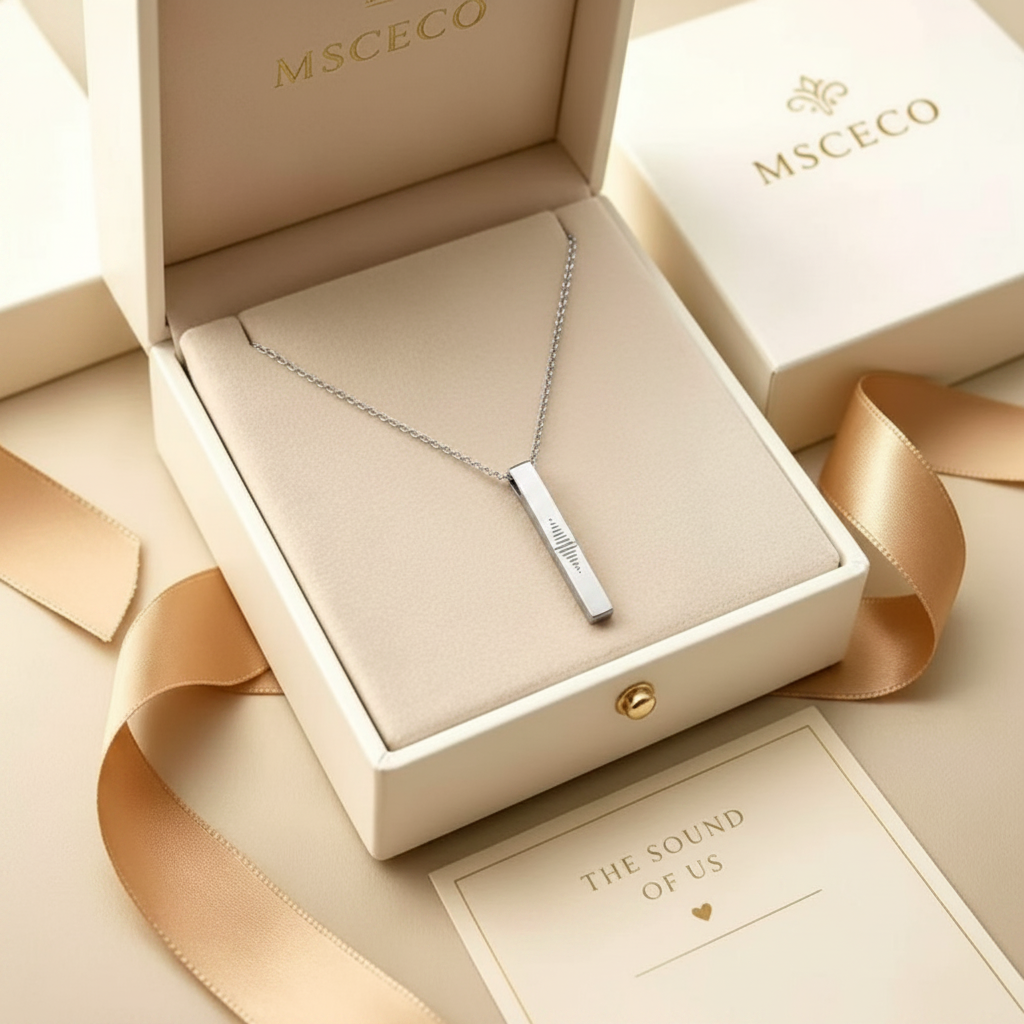 Custom soundwave bar necklace in MSCECO luxury gift box with gold ribbon