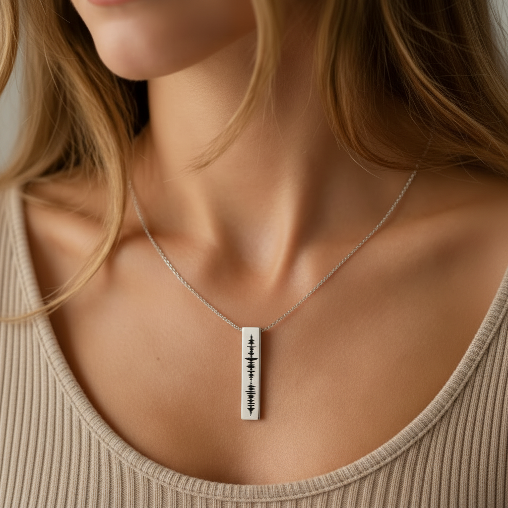 Custom Soundwave QR Code Bar Necklace - Model wearing silver soundwave bar pendant