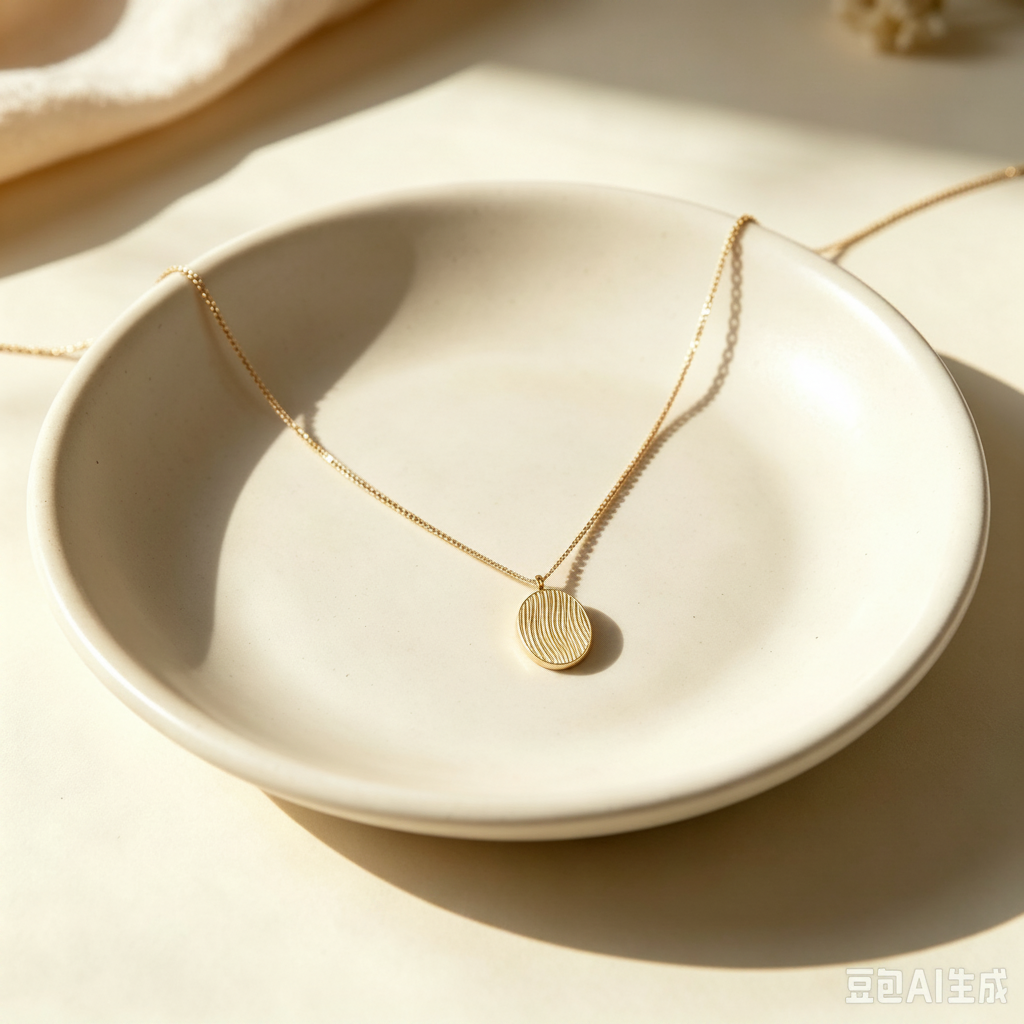 Gold oval pendant necklace in white ceramic bowl, warm lifestyle photo