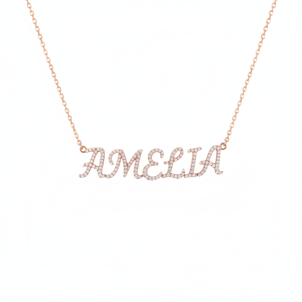 AMELIA Elegant Script Necklace - Rose Gold Full Pavé