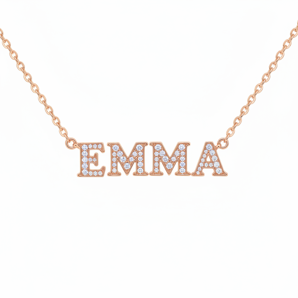 EMMA Classic Serif Diamond Pavé Necklace - 14K Rose Gold