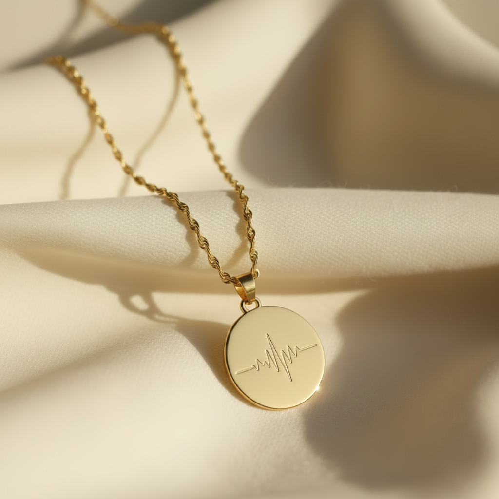 Heartbeat soundwave coin necklace on cream ceramic background