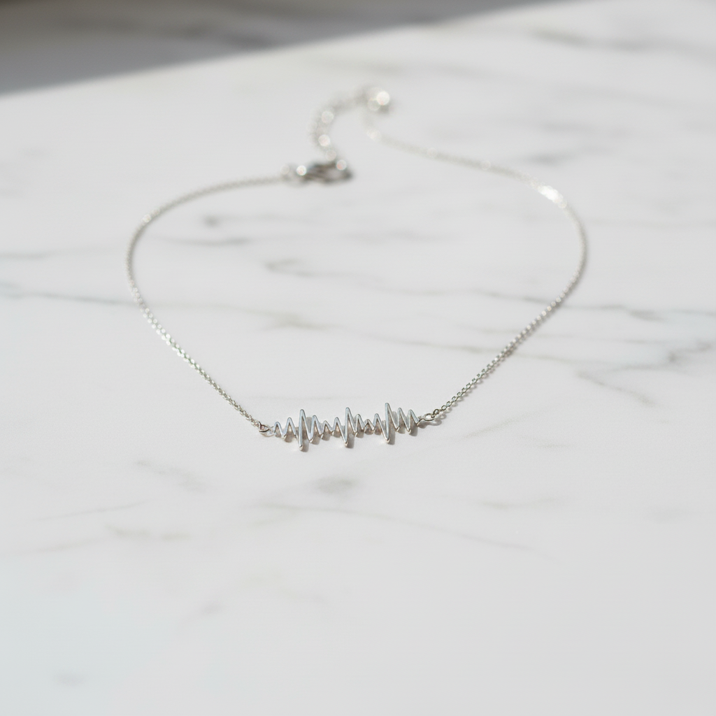 MSCECO soundwave custom necklace flat lay on white marble - personalized voice wave jewelry gift