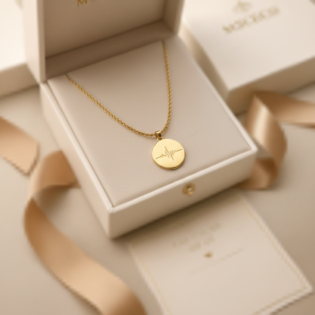 Heartbeat soundwave coin necklace in brand gift box with golden ribbon