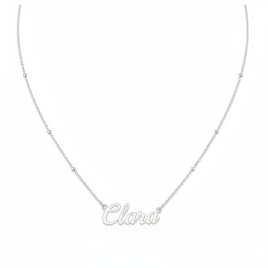 Custom 925 sterling silver script name chain necklace on white background