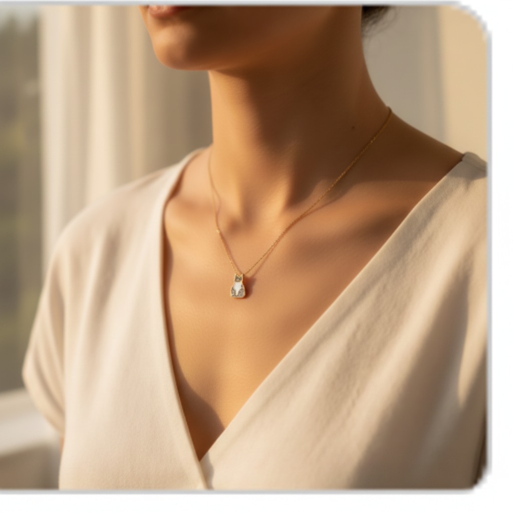 NFC custom cat necklace worn by woman - enamel cat pendant clearly visible on gold chain, personalized memory jewelry