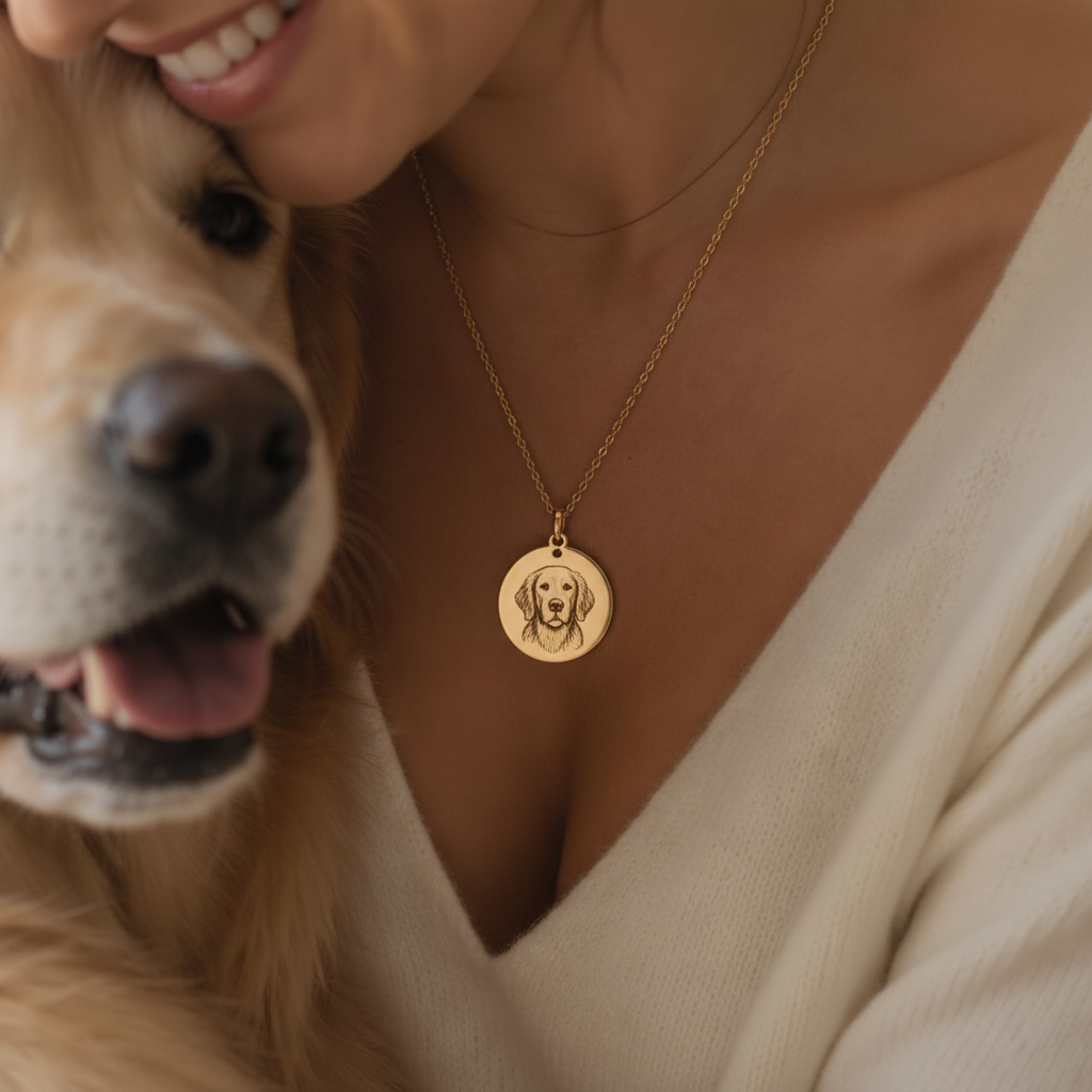 Pet portrait necklace INS detail shot with Golden Retriever