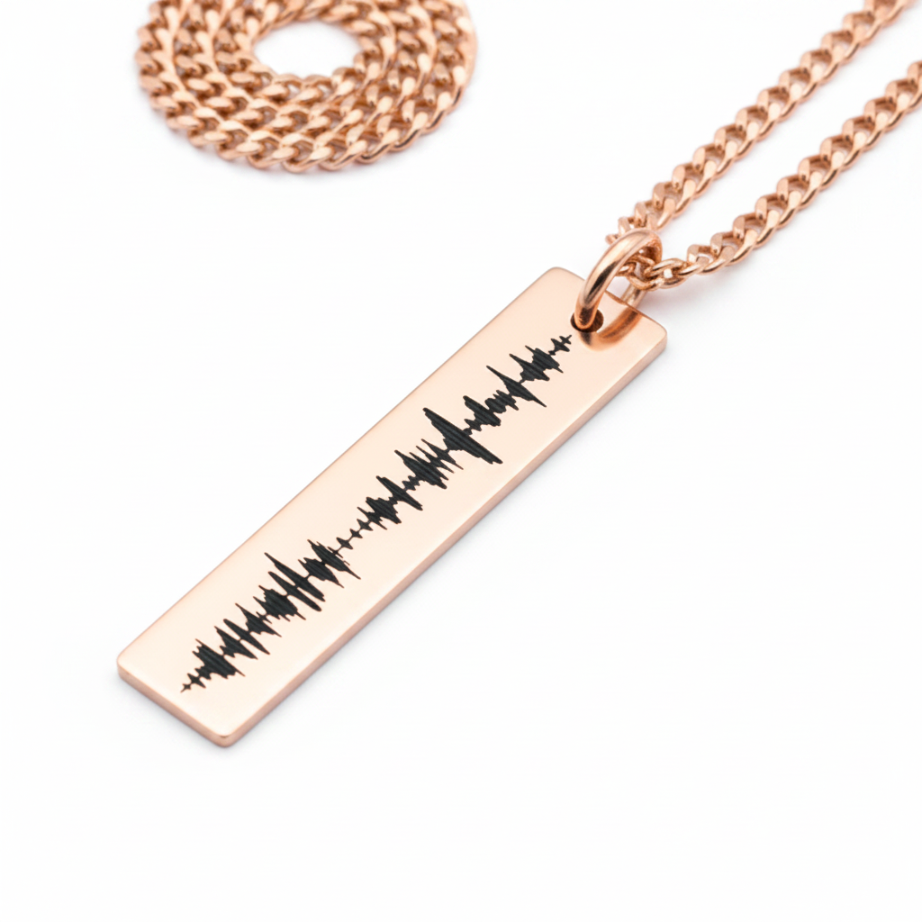 14k Rose Gold soundwave bar necklace white background