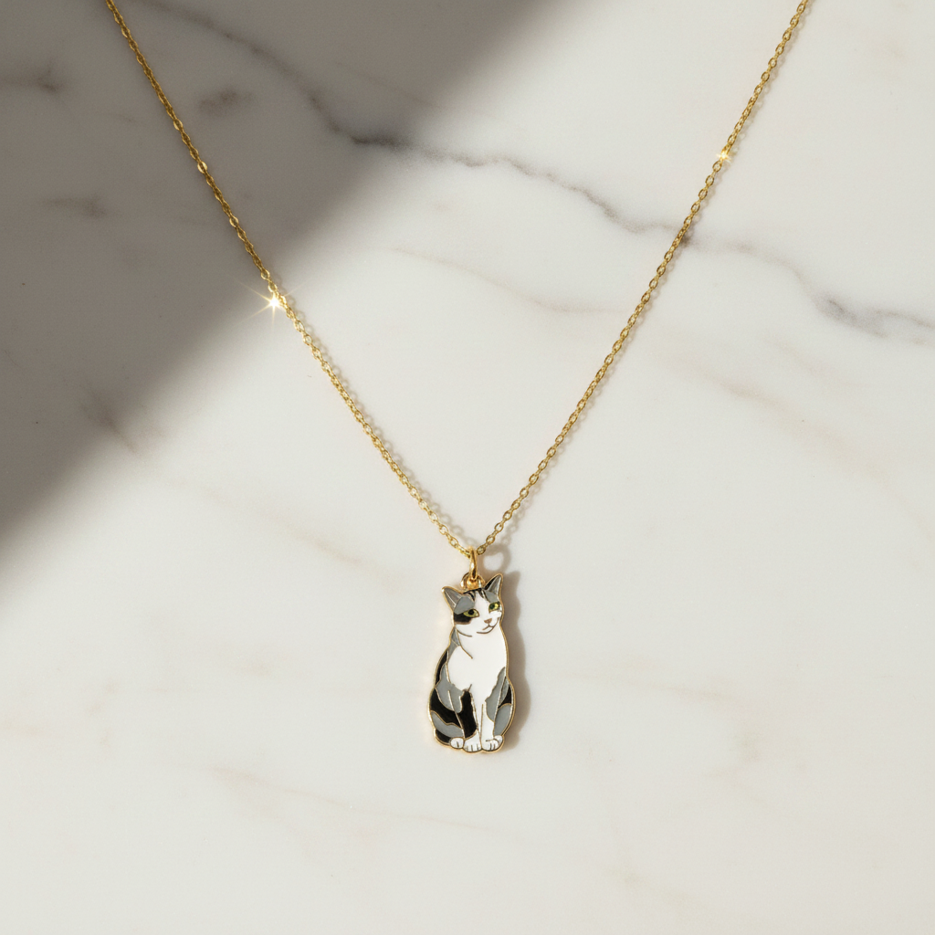 NFC cat pendant necklace on white marble - gold chain enamel cat charm jewelry product photo